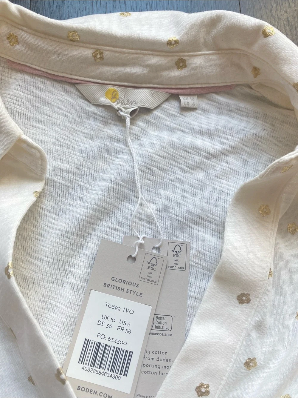 Boden 6 Collared Notch Neck Lightweight Cotton Blouse with Gold Polka Dots Med